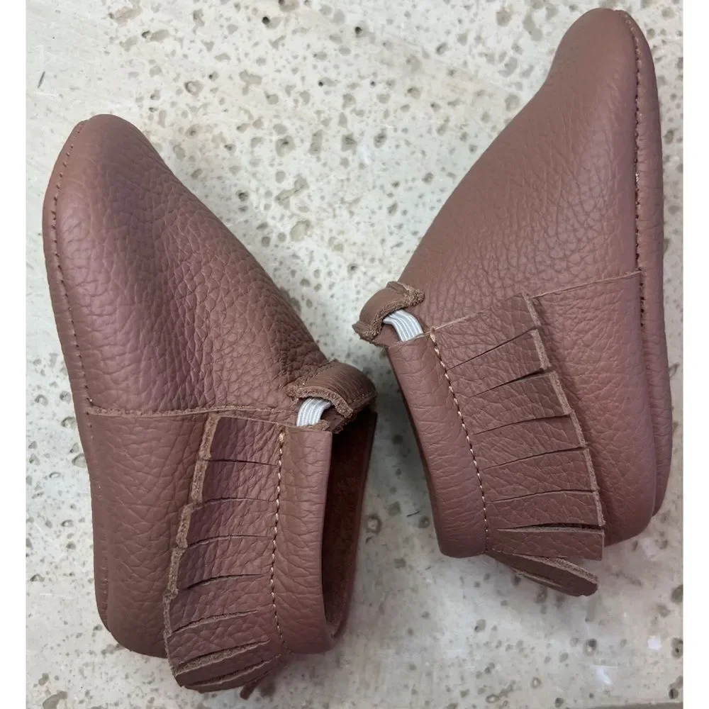 Olive & Annie Handmade Leather Infant Moccasins With Fringe Brown Sz 2 Baby Shoe